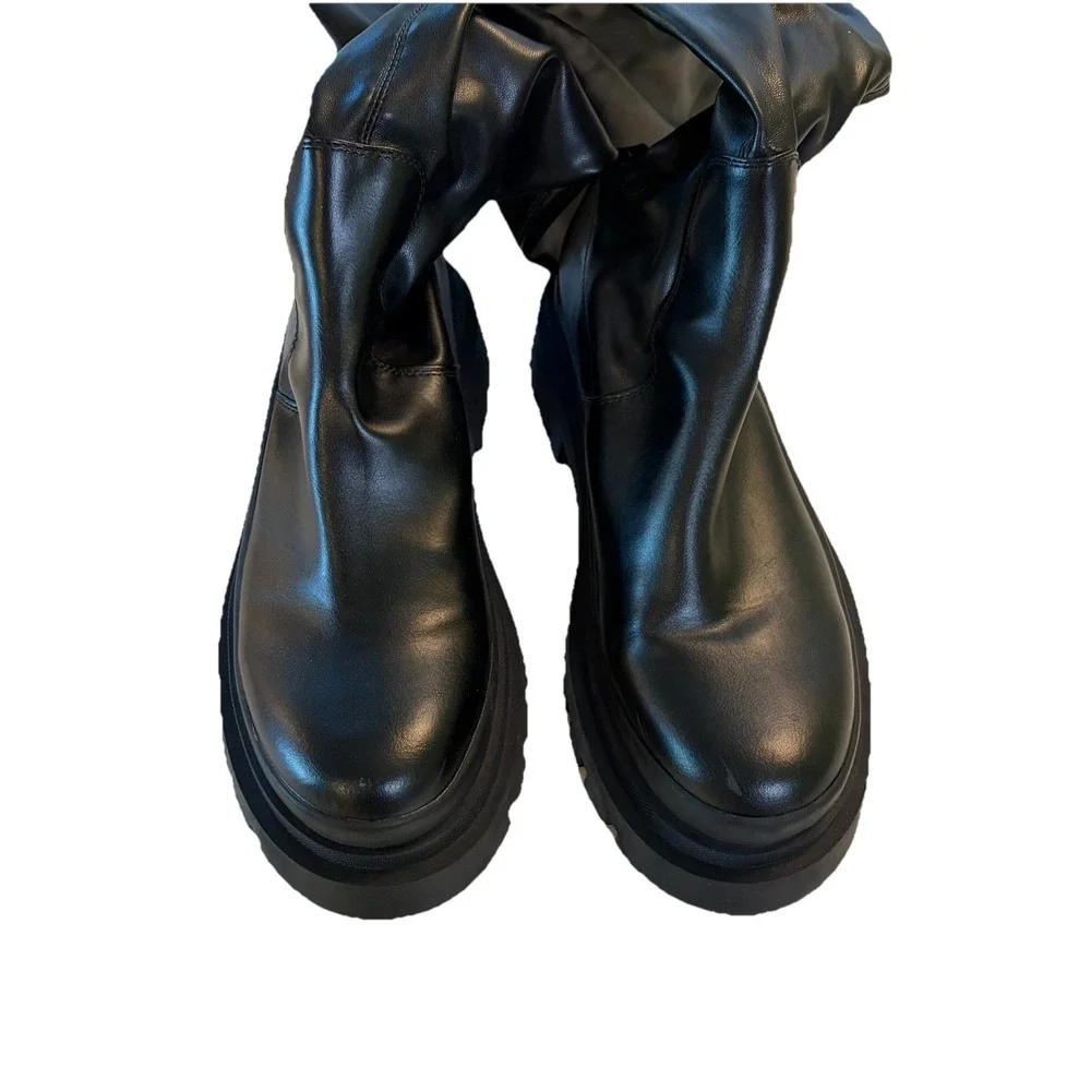 Zara Black Faux Leather Flat Over The Knee Boots Combat Long Tall Size 40